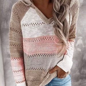 Knitted hooded v neck sweater